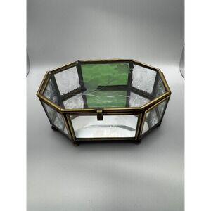 1980's Octagonal Glass Jewelry Box with brass tone frame Etched